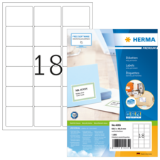 Etikettenbogen mit 18 leeren Feldern und Verpackung von HERMA, die Informationen über die Etiketten und Software enthält.