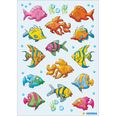 Bunte Fische in verschiedenen Farben und Formen schwimmen im Wasser, umgeben von Luftblasen und Wasserpflanzen.