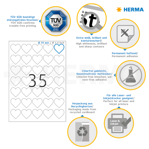 Herma Aufkleberbogen mit 35 herzförmigen Etiketten, Informationen zu Druckqualität, Haftung und Recyclingmaterialien.