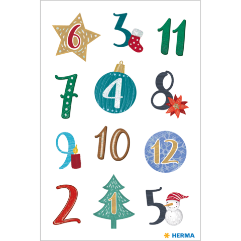 Weihnachtliche Zahlen von 1 bis 12, dekoriert mit verschiedenen Symbolen wie Stern, Weihnachtsbaum, Kerze und Schneemann.