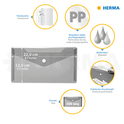 Transparente, stabile Polypropylenmappe mit Druckknopf, Größe DIN lang (22 cm x 12 cm), abwaschbar und vielseitig einsetzbar.