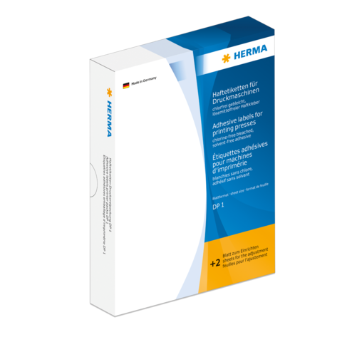 Herkunftspaket mit Haftetiketten für Druckmaschinen, gekennzeichnet mit "HERMA" und Informationen zu Anwendung und Eigenschaften.